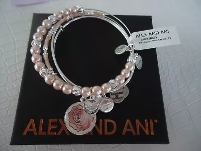 $59.19 • Buy Alex And Ani ROSE SET OF 3 Charm Bangles Shiny Silver New W/ Tag Card & Box 