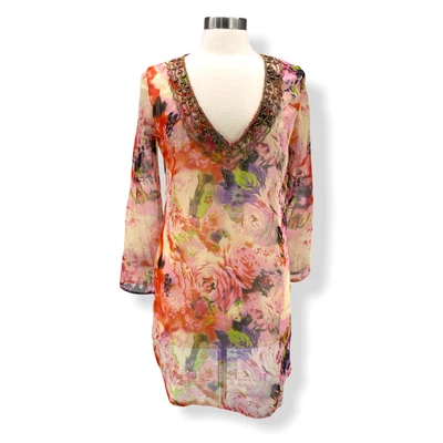 $18.99 • Buy Tunic Eva Zissu Sheer Floral Beading Pink Rose Orange Cream Boho Beach Small EUC