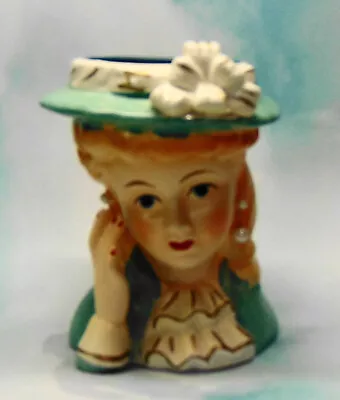 Vintage Relpo K133 Lady Head Vase 5  Turquoise Dress W/ Ruffles Hat W/ Bow Pearl • $39.95