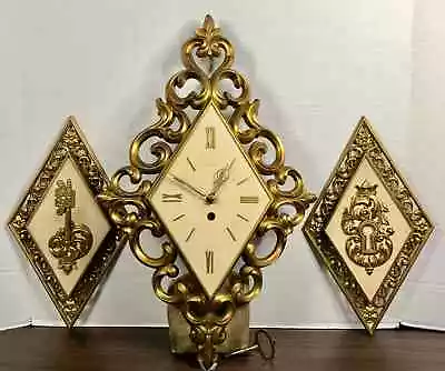 Vintage SYROCO Gold Wall Clock Ornate Baroque With 2 Plaques Works  SEE VIDEO • $89.95