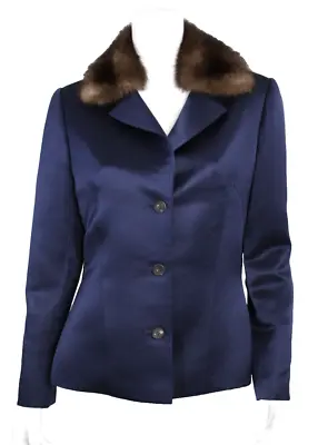 BILL BLASS Vintage Blue Satin Sable Fur Collar Button-Front Jacket 14 • $298