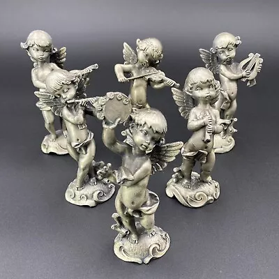 Set Of 6 Vintage Pewter Winged Cherub Angels Figurines Statues Instruments Music • $175.97