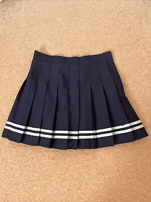 Navy Blue White Pleated Kawaii Cosplay Sailor School Uniform Cute Skirt UK 8 • £15
