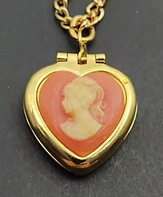 Vintage Nos New Old Stock Gold Tone Cameo Heart Locket Necklace Left Facing • $11.99