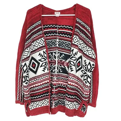 Mossimo Womens Cardigan Sweater Small Red Heavyweight Aztec Print Open Front  • $15.70