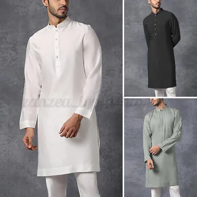 Mens Muslim Long Sleeve Collarless Plain Kurta Shirts Short Kaftan Ethnic Tunic • $21.46