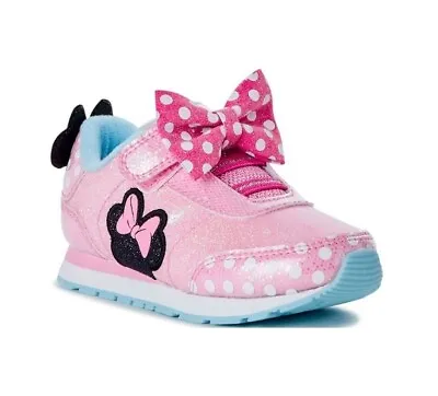 New Disney Junior Girls Shoes 7 Minnie Mouse Sneakers Strap Bow Sparkles Pink • $19.99