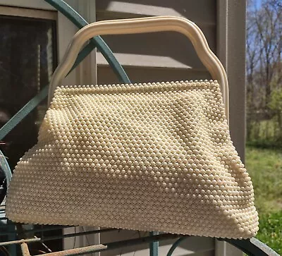 Vintage Bead Lumured Purse Ivory Handbag Cream Ivory Evening  Bridal 1950s? • $29.99