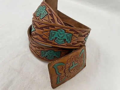 VTG Mens 44 Tooled Brown Leather Western Thunderbird Native American Indian Belt • $65