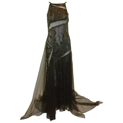 Vintage F/W 1999 Gianni Versace Runway Sheer Beaded Black Silk Gown Dress • $10200