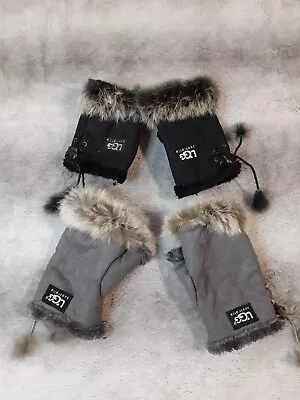 Lot Of 2 Ugg Fingerless Gloves Fur Trim Lace Up Gray Black Winter Mittens • $38.58