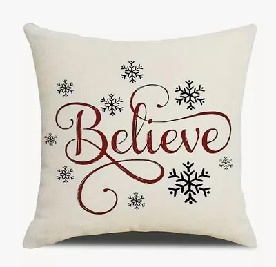 BELIEVE Snowflake Christmas Throw Pillow Cover Winter Holiday Home Decor 18x18” • $12.26