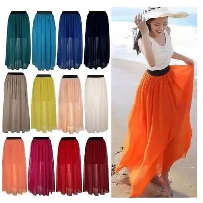 £9.18 • Buy Women Double Layer CHIFFON Pleated Retro Long Maxi Dress Elastic Waist SKIRT*Lng
