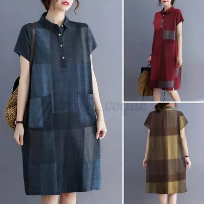 $22.14 • Buy ZANZEA Women 100% Cotton Short Sleeve Midi Shirt Dress Check Plaid Print Dresses