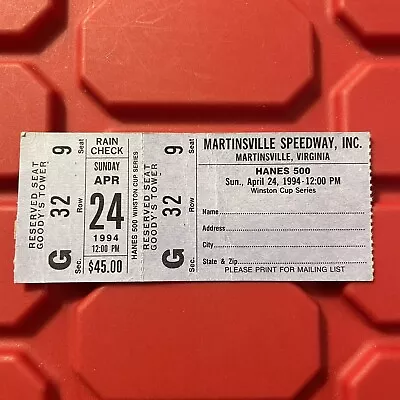 Hanes 500 Martinsville Speedway Virginia Racing Ticket Stub WALLACE Win Vtg 1994 • $12.50