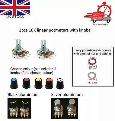 2PCS 10K Linear Pot B10K Potentiometer With Anodised Aluminium Or Plastic Knob • £3.45