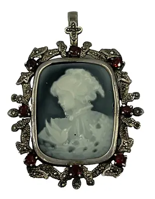£225 • Buy Vintage Very Large Solid Silver Agate Cameo Pendant Set With Garnets & Marcasite