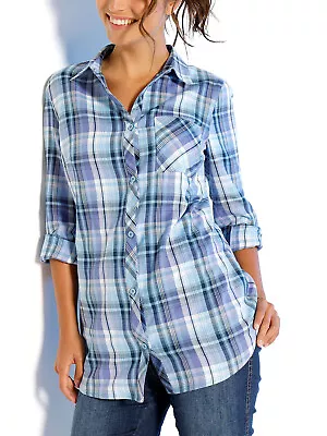 Ladies Blouse Red Pink Blue Plaid Button Down Check Cotton Longsleeve Shirt Tops • £12.99