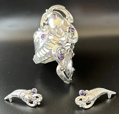Margot De Taxco Silver And Amethyst Koi Fish Clamper Bracelet And Earrings Set • $4495