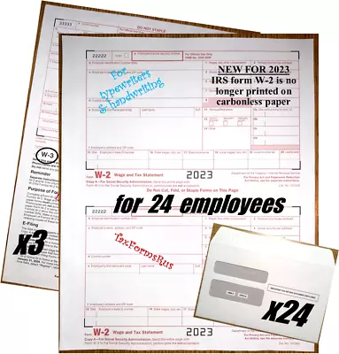 2023 IRS TAX FORMS KIT:: W-2 Wage Stmts NON-Carbonless 24 Employees+Env+(3) W-3 • $27.95