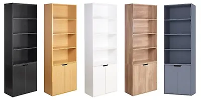 6 Tier Wooden Bookcase Bookshelf With Doors Storage Cabinet Office Shelving Rack • £94.99