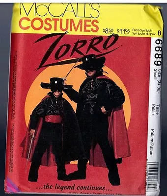 McCalls 6689 ZORRO Vintage 1993 Costume Pattern Uncut Mens Size SMALL • $29.50