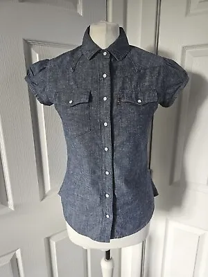 Levi's Denim Shirt Chambray Blouse Frilly Cap Short Sleeves Blue Western Small • £19.95