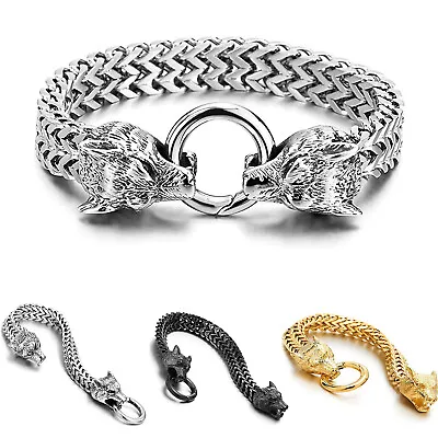 Men Wolf Head Bangle Chain Stainless Steel Bracelet Punk Gothic Wristband Cuff • $10.88