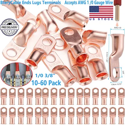 $10.99 • Buy 60x Gauge 1/0 3/8  Battery Cable Ends Lugs Hole Copper Ring Terminals Wire Lot