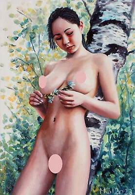Oil Painting Erotic Girl Signed MKol 30x21cm 118x83 In • £30.45