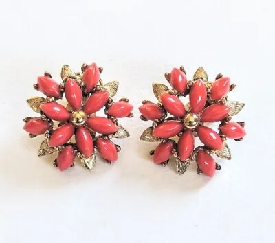 Vintage HAR Signed Coral Orange Floral Gold Tone Earrings  • $32