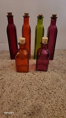 6 Excellent Decorative Colored Glass Bottles W/Corks! • £33.75