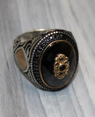 Black Zircon Stone Men’s Ring Size 9.75 Sterling Silver 925 خاتم زركون أسود فضة • $39.99