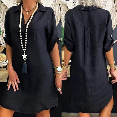 $29.22 • Buy Plus Fashion Turn Shirt Dress Loose Down Cotton Collar Women Solid Linen Size
