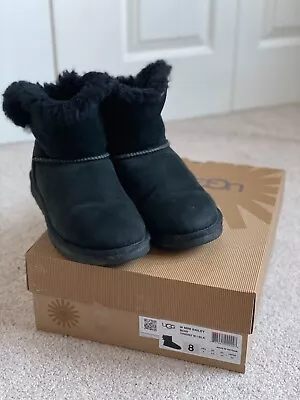 Women's UGG Mini Bailey Bow Boots In Black Sheepskin Ankle Size UK 6.5 EU 39 • £10.50