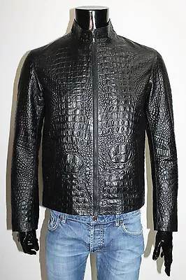 Italian Handmade Men Leather Slim Fit Blouson Jacket Crocodile Black Xl • $505