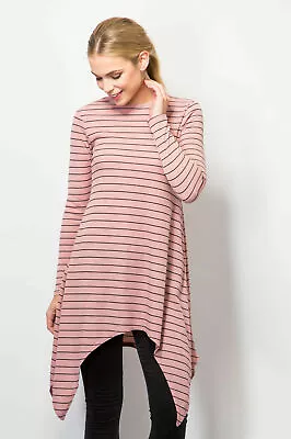 £3.99 • Buy Ladies Dress Top Stripy Ribbed Casual Pink Cream Midi Dress Fashion Size 8-14