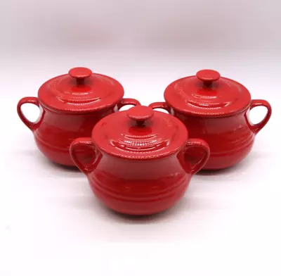 LE CREUSET Set Of 3 Lidded Soup Bowls In Red Stoneware 11 36 • £19.99