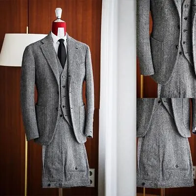 Men Suit Gray Herringbone Tweed Vintage Check Prom Groom Tuxedo Wedding Suit • $99.88