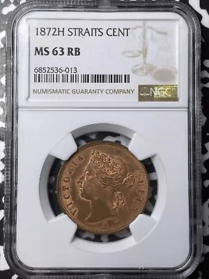 1872-H Straits Settlements 1 Cent NGC MS63RB Lot#AG1 Choice UNC! Top Graded! • $700