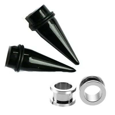 Pair Black Tapers And Steel Screw On Tunnels Plugs Gauges Ear Stretching Kit • $17.50