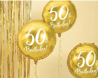 Gold Themed 50th Birthday 18” Foil Helium Balloon. Age 50 Gold Party Decorations • £2.99