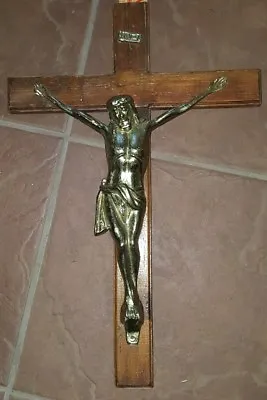 $99.99 • Buy Large Heavy Wooden + Brass Antique Vtg Church Altar Cross Crucifix 18 H Jesus 