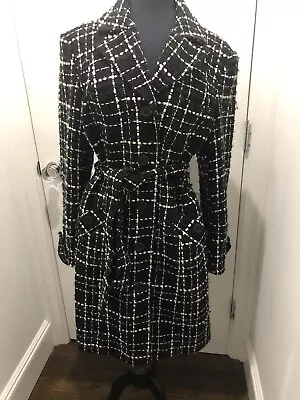 New Eci New York Button Down Trench Coat Jacket Woman's 14 Black White Plaid • $219