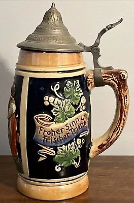 Vintage Lidded Beer Stein Mug 0.5L Stoneware Ceramic Raised Image W/ Pewter Lid • $20.99