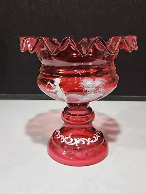 Large Mary Gregory Cranberry Glass Vase Goblet Pedestal Centerpiece • $187.49