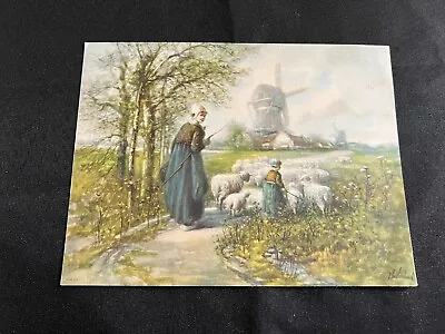 Vintage DUTCH GIRL SHEEP & WINDMILL Lithograph C. 1950's Like Atkinson Fox • $9.99