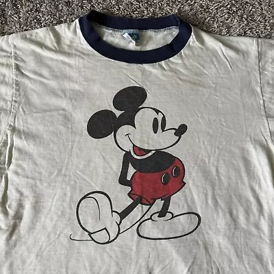 Vintage 80s Disney Mickey Mouse Classic Ringer T Shirt Large White Single Stitch • $24