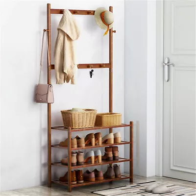 185cm Hall Tree Hat & Coat Stand Hallway Clothes Shoe Rack Hanger Shelf Storage • £36.94