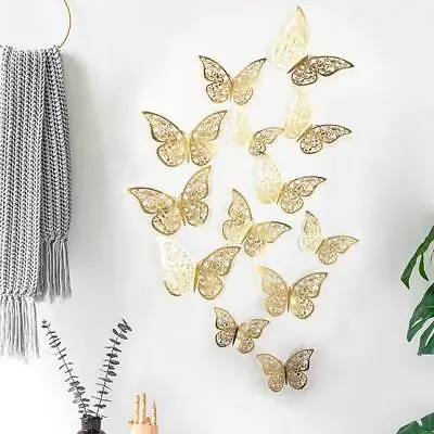 12pc Gold Butterfly Stickers Wall Art 3D Wall Decals Mural Christmas Home Decor  • £2.49